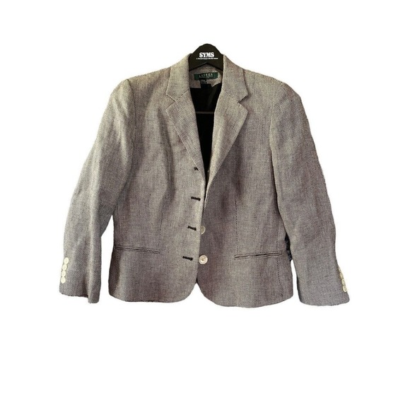 LRL Lauren Ralph Lauren Gray Linen Blazer Jacket 4 Button Lined Size 10P Petite - Picture 1 of 14